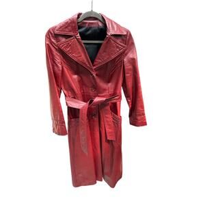 Burgundy Vegan Leather Long Coat Size S Built-In Belt Unbranded Synthetic lining